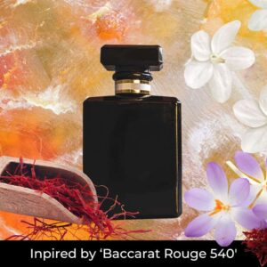 A black perfume bottle with a gold cap, surrounded by delicate white and purple flowers and red saffron threads, against a vibrant orange textured background. "inspired by 'baccarat rouge 540'".